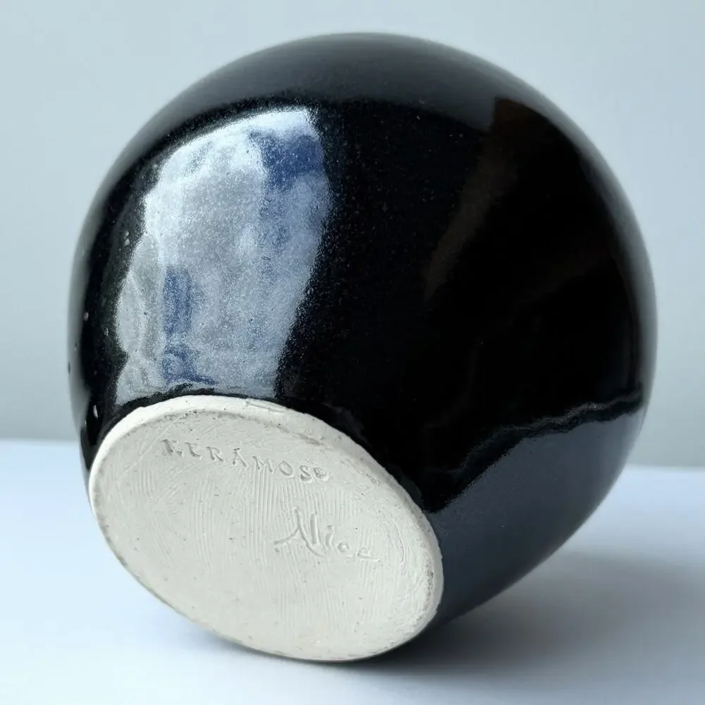 KERAMOS Studio Pottery Signed Alice Round Bulb Bud Vase Black Glaze 4.5